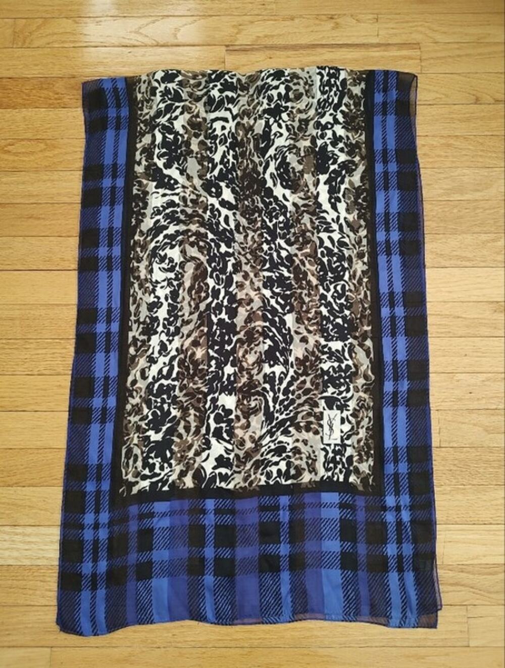 YSL floral plaid silk scarf stole vintage EUC